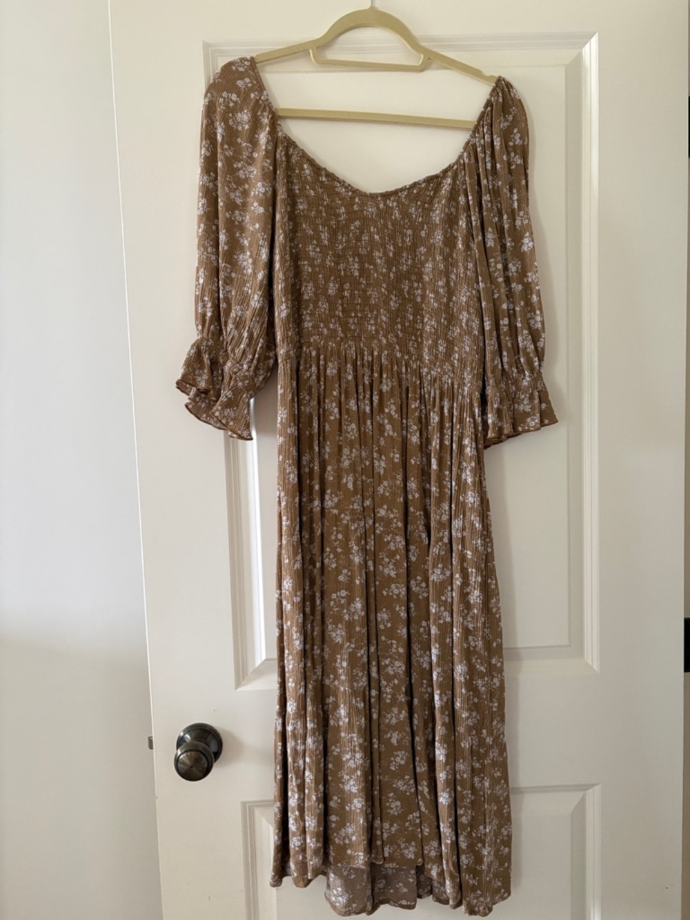 Smocked Midi Dress in Brown Floral